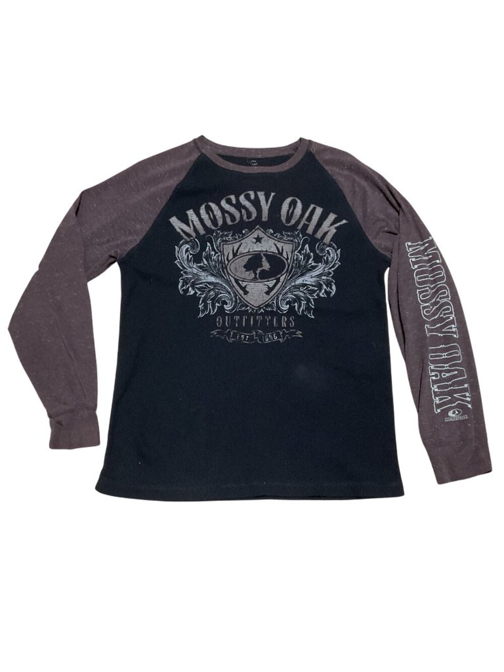 Mossy Oak Long Sleeve Graphic Thermal Shirt Sz L In Black & Heathered Brown